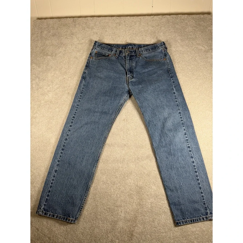 Levis 505 Men 36x30 Blue Medium Wash Straight Fit Denim Classic Dad Jeans Work